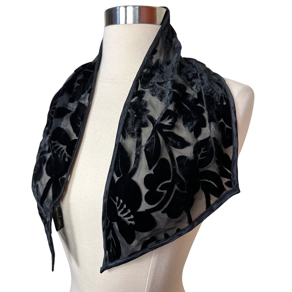 Zazou Luxe Silk Black Velvet Floral Semi Sheer Small Neck Scarf Ascot